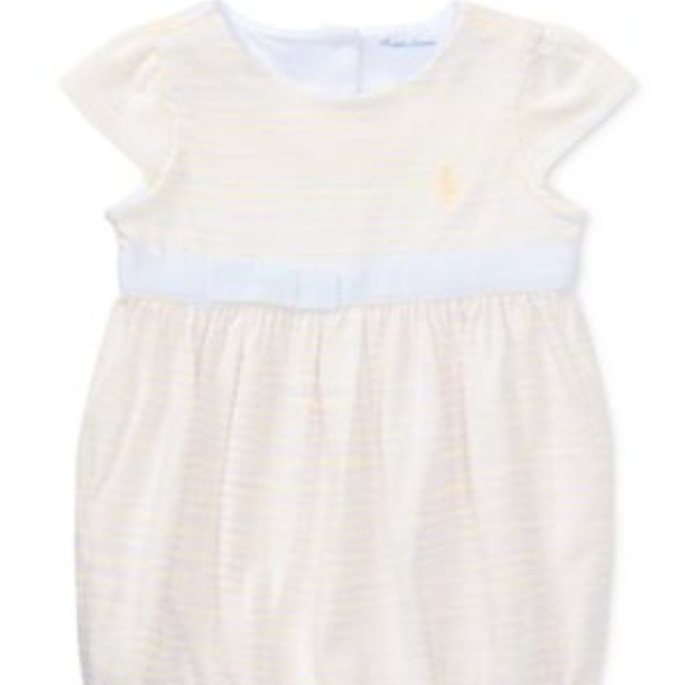Polo Striped Bubble Romper Pink and White with Bow